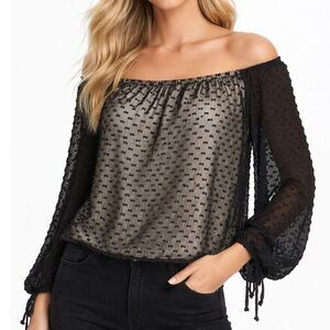 NWT Wildfox Mariette Miami Dot Off Shoulder Tie Cuff Blouse Top Size S Black